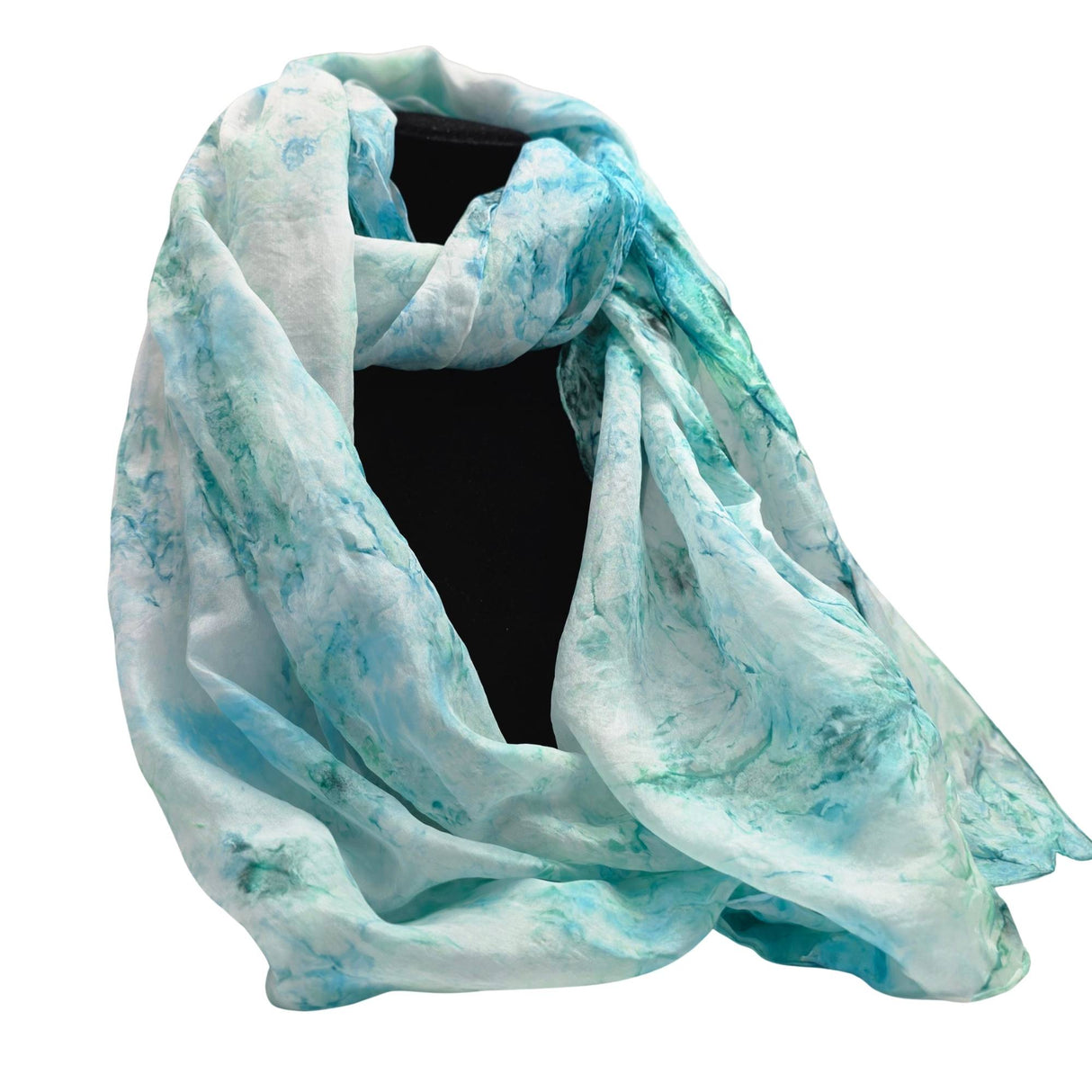 Handgeschilderde zijden sjaal Mijn Kleuren 180x45 cm blauw- en mintgroene tinten