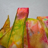Zijden smal haarlint Verbonden - 110 x 2 cm - geel, oranje, groen en zachtroze