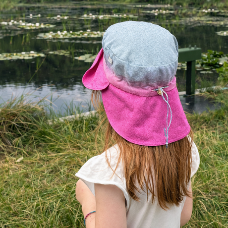 zijden zonnehoed kind met klep en nekflap bourette zijde