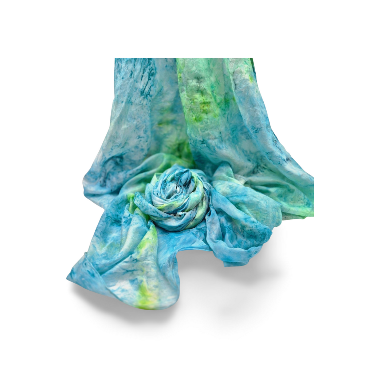 Handgeschilderde zijden sjaal MagischWater 220×110 cm blauw- groentinten